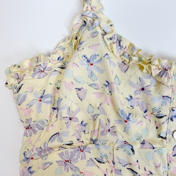 NEW Gianni Bini Floral Pastel Yellow Ruffle Neckline Chiffon Cropped Top Medium - Picture 4 of 11